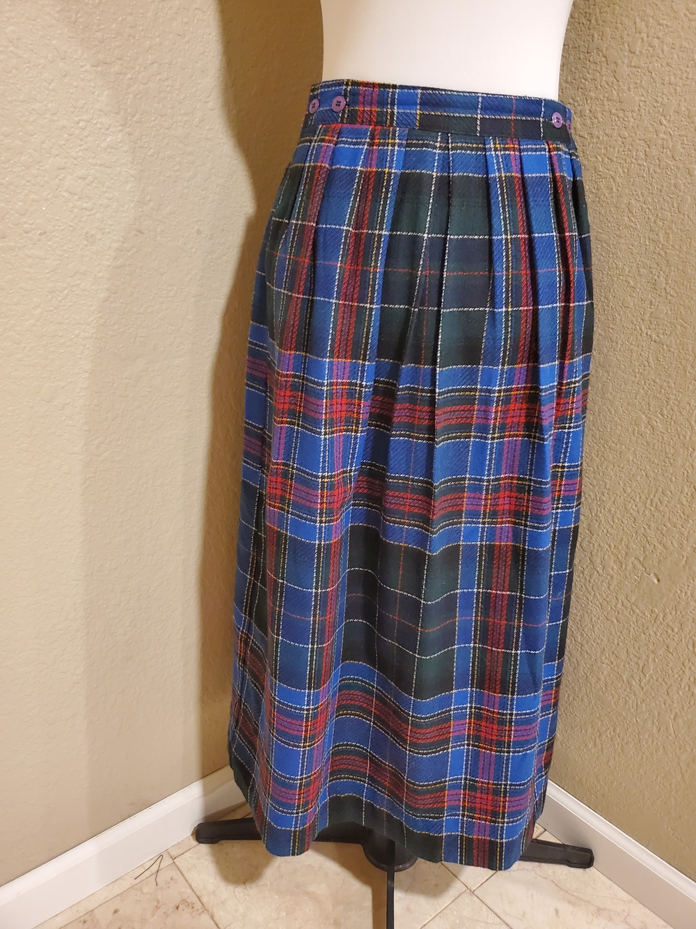 Classic Blue Tartan Pleated Midi Skirt